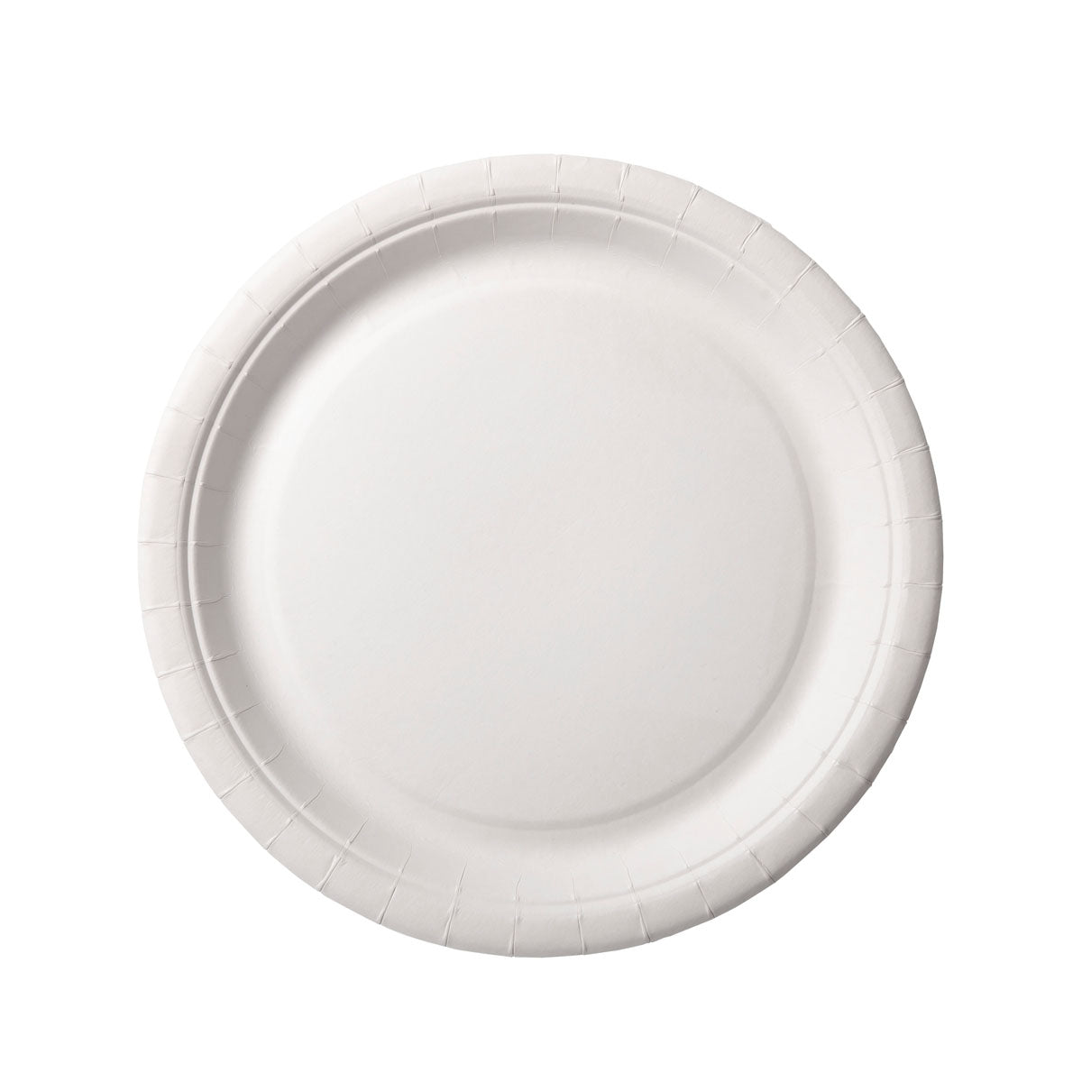 En rund, vit 18 cm pappersplatta från Duni GmbH (förpackning med 100 stycken) ses uppifrån på vit bakgrund och har en lätt upphöjd kant med diskret textur.