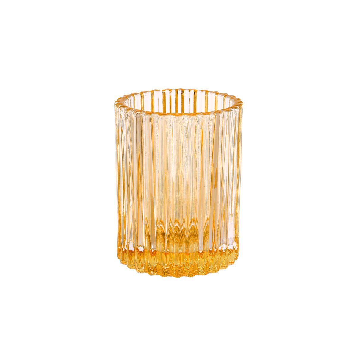 Ljushållaren Comodo från Duni GmbH (70x55 mm) i kräm-gul är en stilfull glasbägare med vertikala räfflor och en tjock botten, perfekt för eleganta dekorationer. Förpackning: 1 styck.