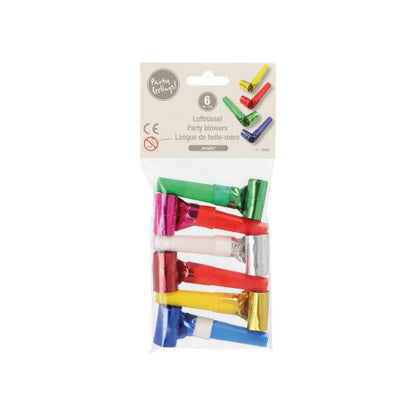 En genomskinlig plastförpackning innehåller sex partytrumpeter från PAPSTAR GmbH i olika färger med metalliska ytor; den övre etiketten visar märket och anger att de inte är lämpliga för barn under tre år.