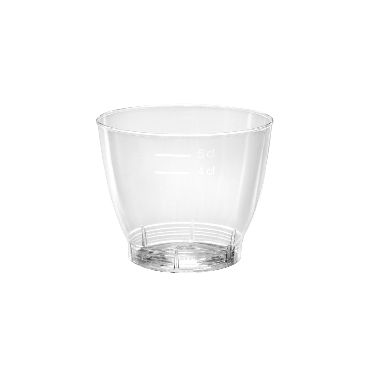 Duni GmbH portionsglas Crystallo 65 ml av transparent PLA är avbildat med markeringarna 4 cl och 5 cl på vit bakgrund. Förpackningen innehåller 40 stycken.