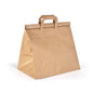 En BioPak Foldbag Large Brown Paper FSC 320x210x340 från Duni GmbH står upprätt på vit bakgrund, med två platta handtag och ett vikt lock för en tältliknande form - idealiska, miljövänliga papperspåsar. Förpackningen innehåller 250 stycken.
