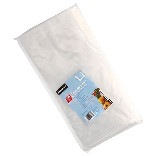 En transparent plastförpackning innehåller 100 Starpak LDPE-fryspåsar (60 x 40 cm, 20 l vardera). Den blå etiketten visar märket Starpak, produktdetaljer och bilder på färska produkter.