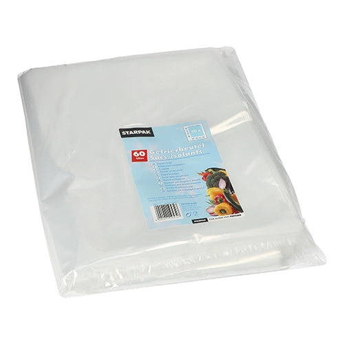 Eine Packung Starpak 50 Gefrierbeutel (LDPE, 60 l, 90 cm x 50 cm, transparent), versiegelt in Klarsichtfolie mit einem blau-weißen Etikett mit Text und Lebensmittelbildern, liegt auf einer weißen Oberfläche.