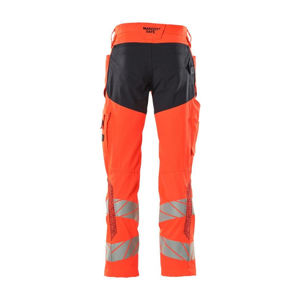 Byxor med knäfickor, byxor med stretchinlägg, hi-vis röd/svart-blå