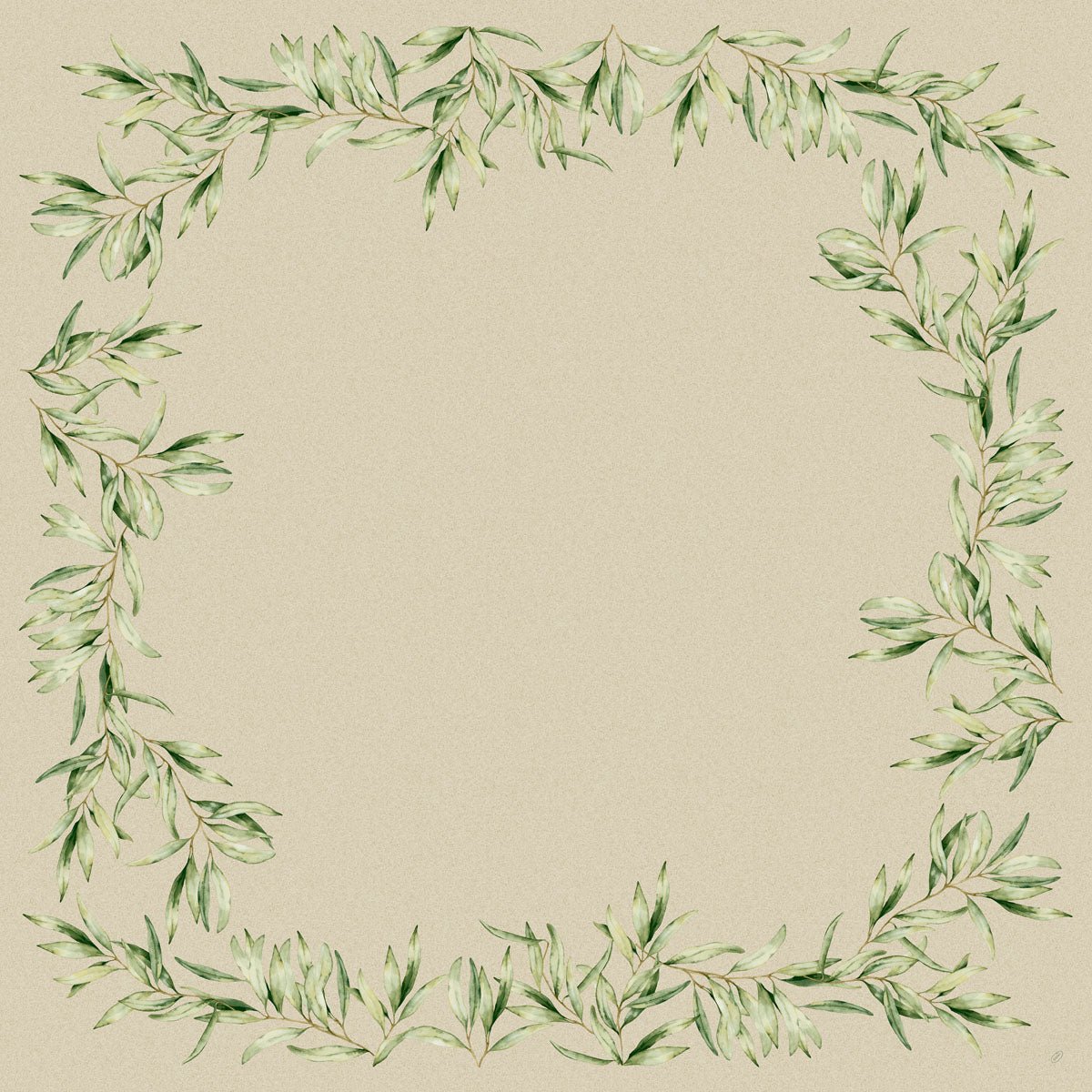 Dunicel-mittdukarna 84 x 84 cm Foliage från Duni GmbH erbjuder en kvadratisk ram av akvarellgröna bladgrenar och ett ljusbeige centrum, perfekt för en elegant bordsdekoration. Varje förpackning innehåller 20 stycken.