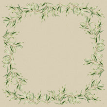 Die Dunicel-Mitteldecken 84 x 84 cm Foliage von Duni GmbH bieten einen quadratischen Rahmen aus aquarellgrünen Blätterzweigen und einem hellbeigen Zentrum, ideal für eine elegante Tischdekoration. Jede Packung enthält 20 Stück.