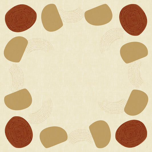Ein quadratischer Rahmen mit beigem Hintergrund, umrandet von braunen Kreisen und hellbraunen Ovalen, eignet sich perfekt als Duni GmbH Dunicel-Mitteldecken 84 x 84 cm Earthy Packung (20 Stück) Tischdekoration.