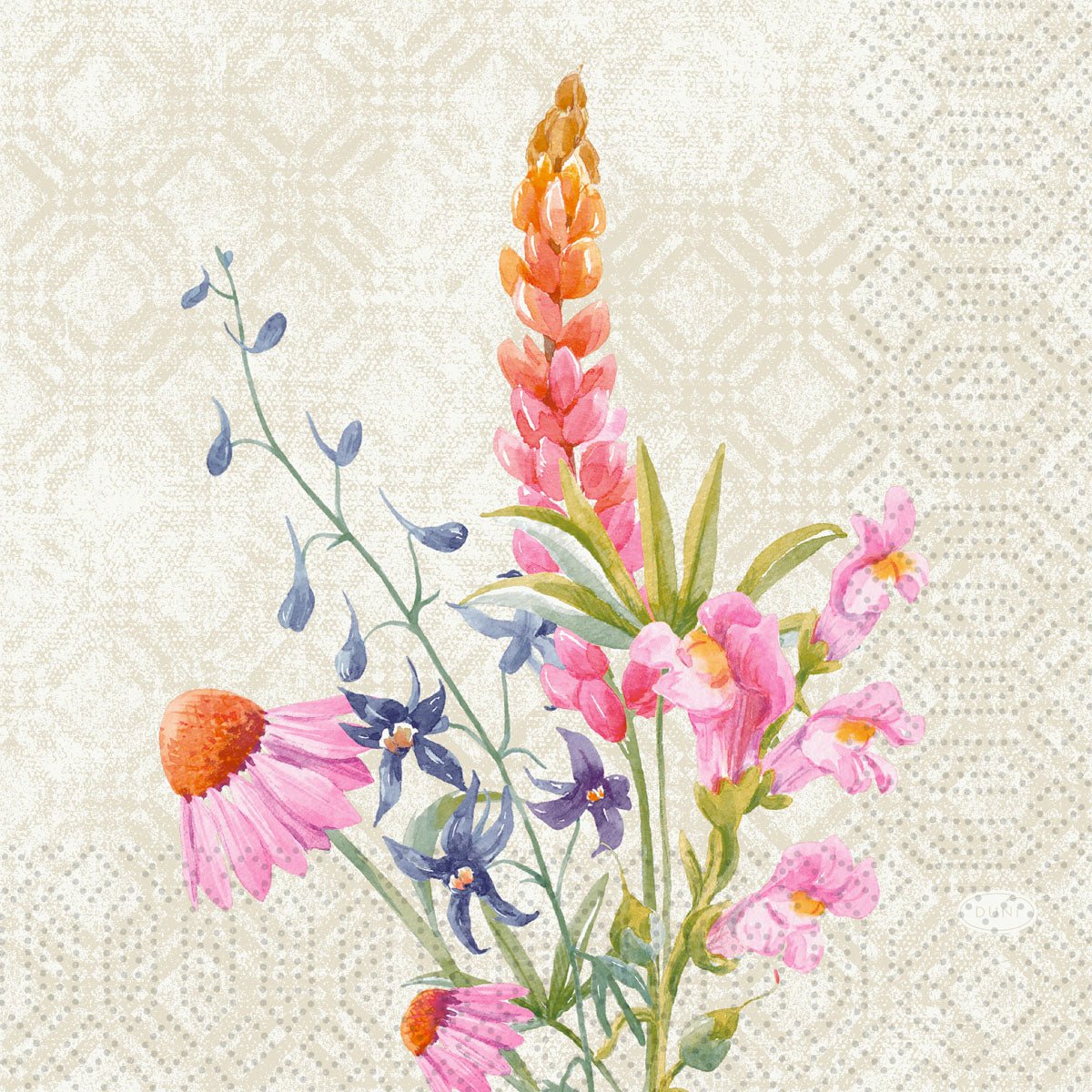 Högkvalitativa 33x33 cm stora servetter från Duni GmbH med en akvarellbukett av rosa lupiner, tusenskönor, lila blommor och gröna blad på en beige mönstrad bakgrund. 3-lager. Förpackning med 50 stycken: Serv.33x33 Floret 3lg 1/4.