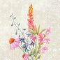 Högkvalitativa 33x33 cm stora servetter från Duni GmbH med en akvarellbukett av rosa lupiner, tusenskönor, lila blommor och gröna blad på en beige mönstrad bakgrund. 3-lager. Förpackning med 50 stycken: Serv.33x33 Floret 3lg 1/4.