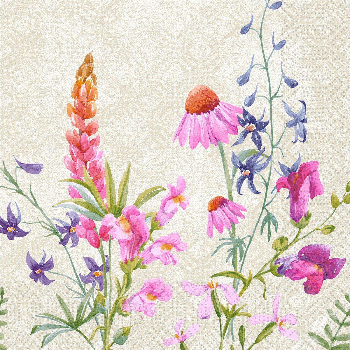 En illustration av rosa, lila och blå vilda blommor med gröna blad på en strukturerad beige bakgrund pryder Duni GmbH servetter 40x40 cm, 3-lager, Floret Design | Förpackning (250 stycken).