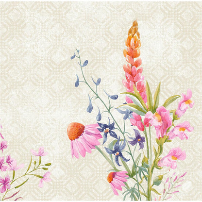 En akvarellillustration med rosa röd rudbeckia, blå blommor och höga rosa lupiner pryder en beige mönstrad bakgrund - perfekt för Duni GmbH Dunisoft-Serv. 40x40cm servetter.