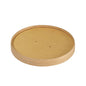 Ett runt, platt, brunt lock av kartong Ronda WIDE från Duni GmbH (FSC/PLA, 500/700ml, 150x150x17mm) - idealiskt för hållbar förpackning. Förpackningen innehåller 50 stycken. Avbildad på vit bakgrund med två mitt-hål.