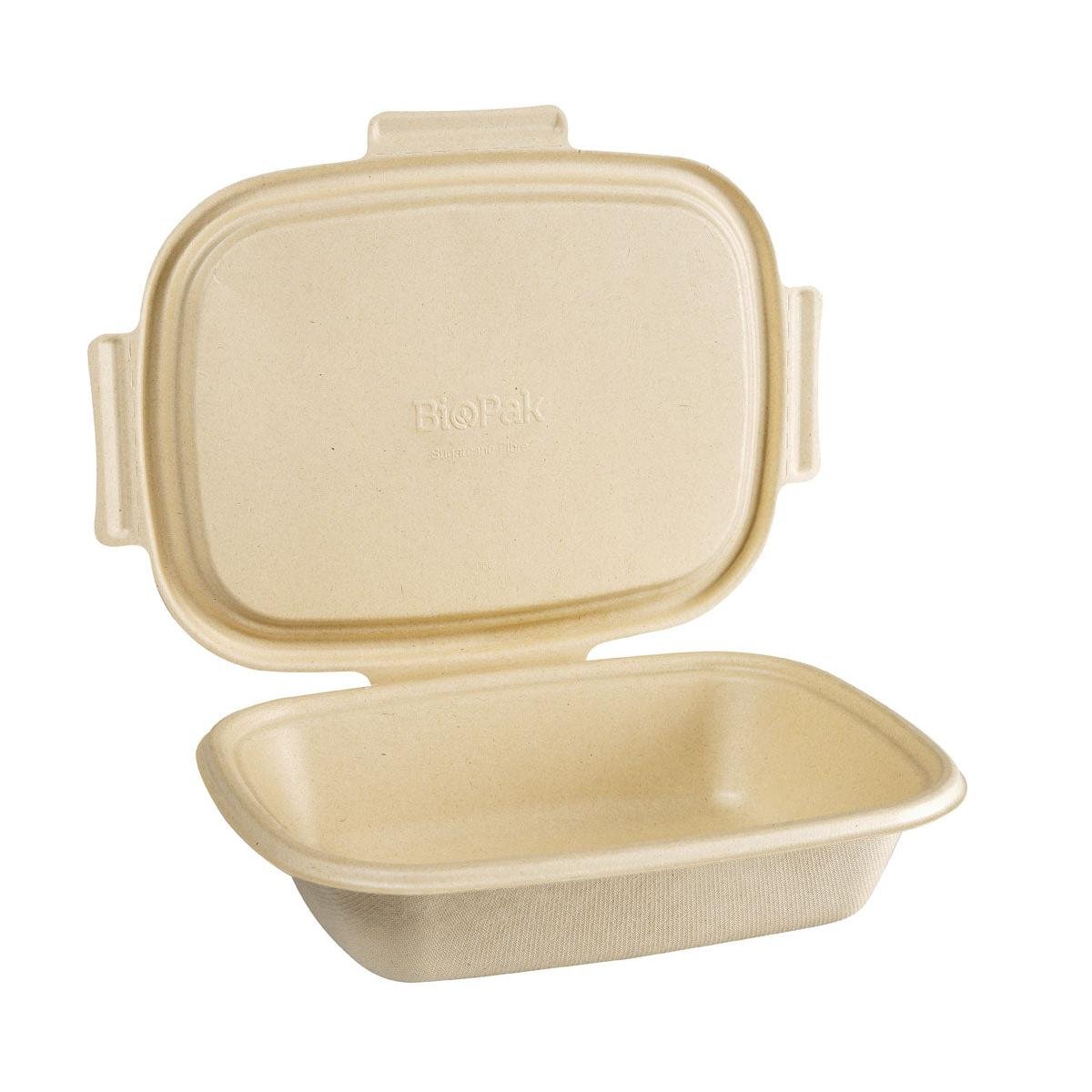 En brun, rektangulär Duni GmbH Bagasse Box Shield 1200 ml (426x304x57 mm), komposterbar med gångjärnslock, visas öppen och tom. Miljövänlig engångsförpackning, biologiskt nedbrytbar. Förpackningen innehåller 50 stycken.