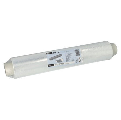 En rulle Starpak perforerad plastfolie från Starpak, med vit etikett med produktdetaljer och streckkod. Perfekt för matförvaring, den oanvända rullen står mot en enkel vit bakgrund.