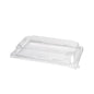 Ett transparent, rektangulärt rPET-lock Sushi medium (226x146x33 mm) från Duni GmbH visas på en enkel vit bakgrund - perfekt för miljövänliga sushi-förpackningar. Förpackning: 50 stycken.