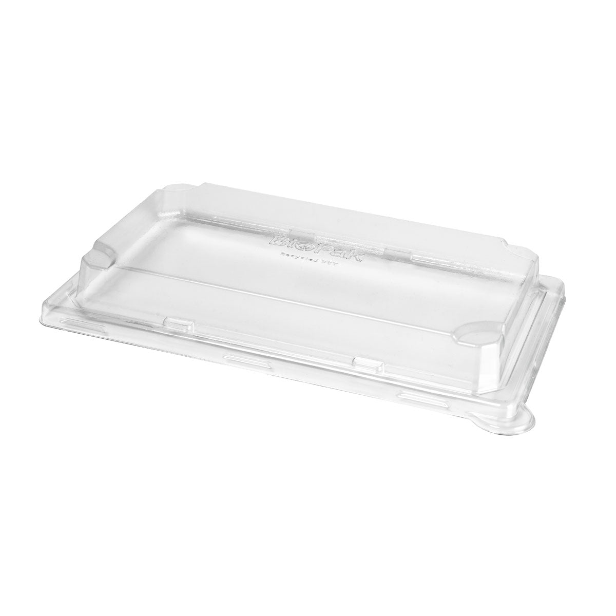 Det rPET-locket Sushi large från Duni GmbH är ett transparent, rektangulärt lock (248x156x33 mm) med förhöjda kanter, tillverkat av återvunnen PET. Utvecklat för att passa säkert på matchande sushi-behållare. Avbildad: Förpackning (50 stycken), vit bakgrund.