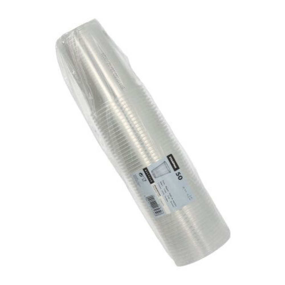 Ett set med transparenta plastmuggar från Starpak, prydligt arrangerade i en cylindrisk form och förpackade i en plastförpackning. Förpackningen har en etikett med produktdetaljer och en streckkod. Det handlar om nya Starpak plastmuggar (PP) med en volym på 0,4 liter, måtten Ø 9,5 cm x 12,2 cm och ett paket med 50 stycken med skumkant.