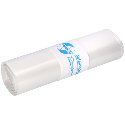 Abgebildet ist eine weiße Rolle EMIL DEISS KG (GmbH + Co.) DEISS Müllsäcke 575x1000x0,06 mm aus Recycling-LDPE 70 l mit blauem und weißem Etikett auf weißem Hintergrund. Diese Säcke sind ideal für die tägliche Abfallentsorgung.