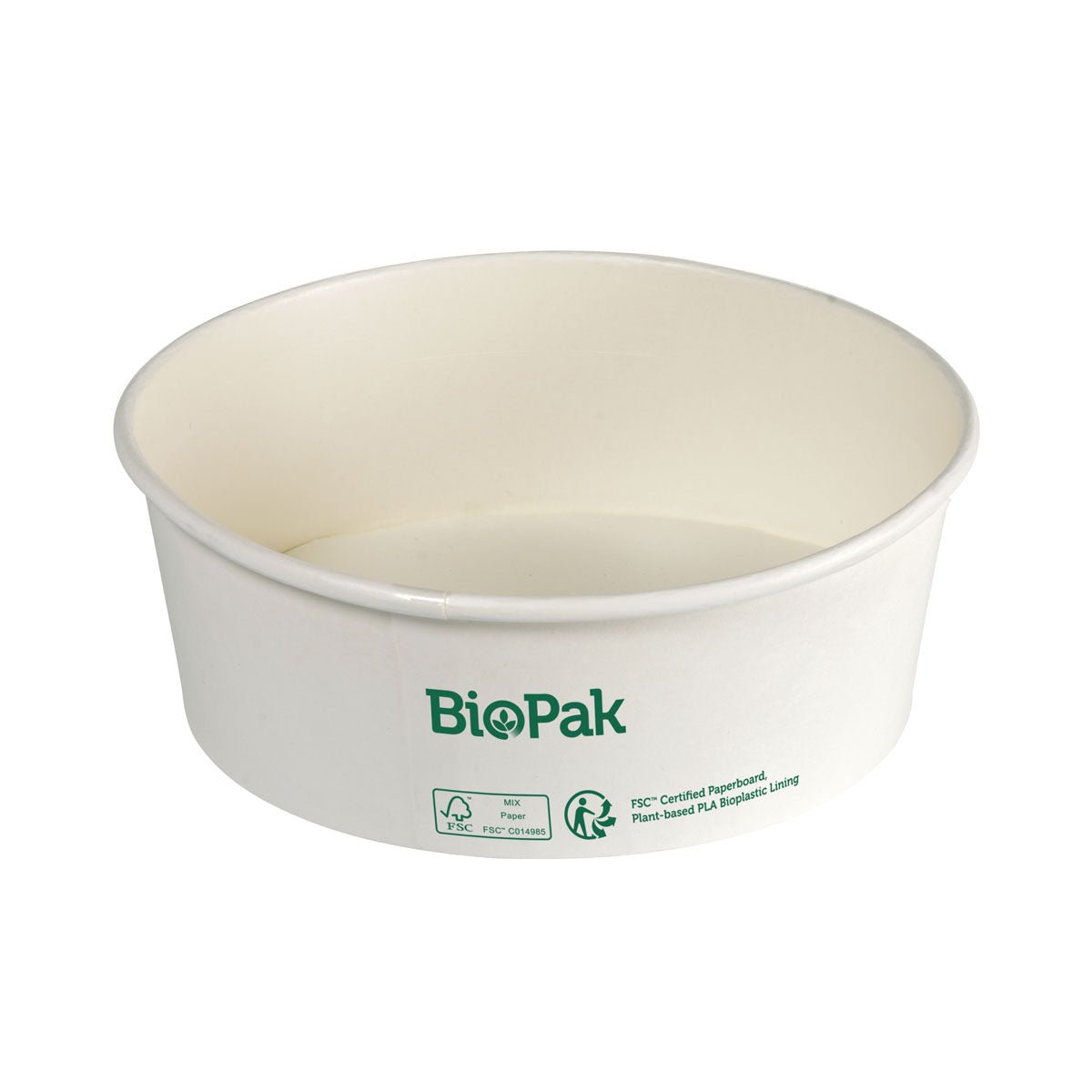 En vit, rund, biologiskt nedbrytbar engångsmugg (Bowl Ronda WIDE Kartong/PLA Vit 700 ml från Duni GmbH) med gröna symboler på sidan visas tom framför en enkel vit bakgrund. Tillverkad av FSC-certifierad kartong och PLA, 50-pack.
