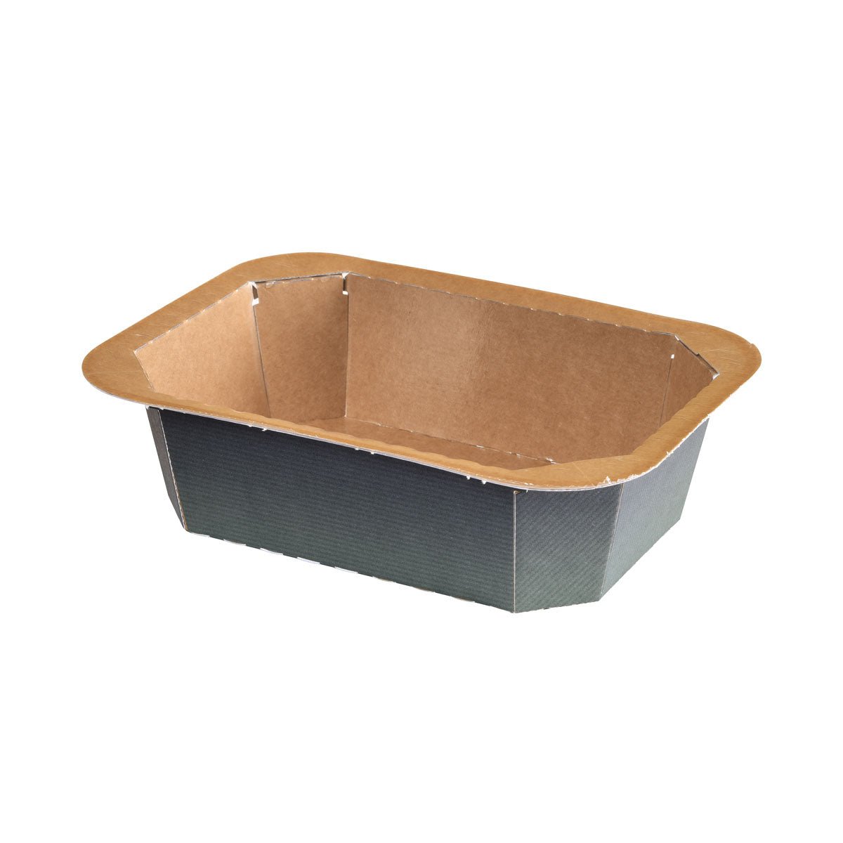 Forum Skål Tryckt Papper/PE från Duni GmbH är en brun, rektangulär pappskål med avfasade sidor och bred kant, som är perfekt för livsmedelsförpackningar. Avbildad tom på vit bakgrund, understryker den sin mångsidiga design.