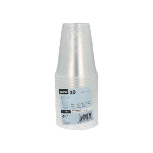 En stapel med 20 transparenta Starpak polypropylen-dricksglas (0,3 l, Ø 9,5 cm, 11,1 cm) med skumkant är insvept i krympfolie och bär varumärket Starpak, en bild av glaset, produktinformation, skumkantsdetaljer och en streckkod.
