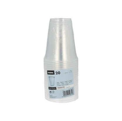 En stapel med 20 transparenta Starpak polypropylen-dricksglas (0,3 l, Ø 9,5 cm, 11,1 cm) med skumkant är insvept i krympfolie och bär varumärket Starpak, en bild av glaset, produktinformation, skumkantsdetaljer och en streckkod.
