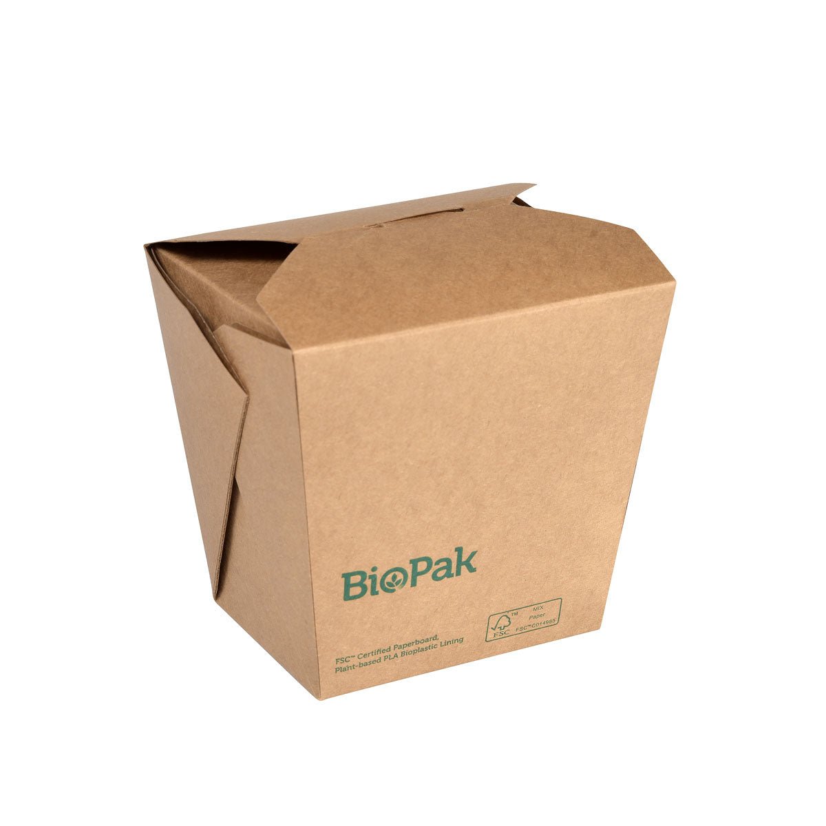 En brun FSC-certifierad kartonglåda Bio NOODLE LARGE (960 ml) från Duni GmbH, 114x98x110 mm, med vikt lock och återvinningssymboler - idealisk som biologiskt nedbrytbar takeaway-låda för miljövänliga måltider (förpackning med 50 stycken).