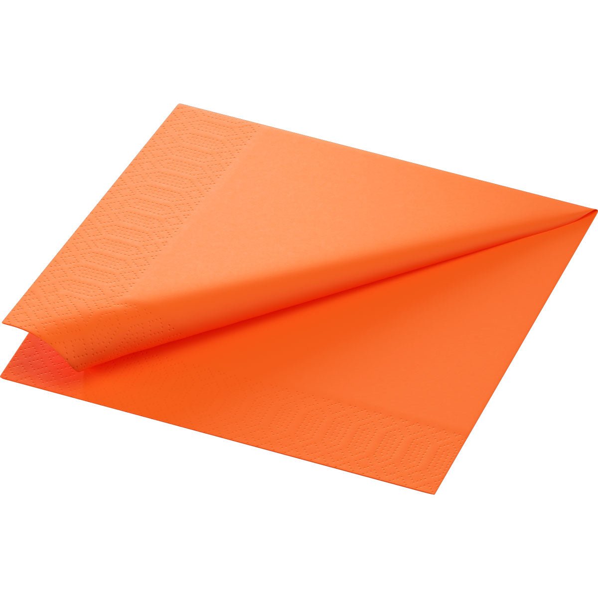 En enskild Duni GmbH Zellt servett 40x40 cm, 3-lagers i solorange är delvis utvecklad för att visa sin kantprägling; fotograferad på enfärgad vit. Förpackningen innehåller 250 högkvalitativa servetter.