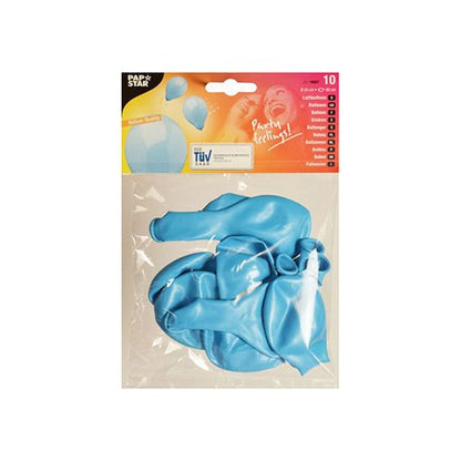 En förpackning med 10 blå PAPSTAR 10 ballonger med en diameter på 25 cm från PAPSTAR GmbH i en genomskinlig plastförpackning med en färgglad etikett med produktnamn och bilder på ballonger – perfekt som dekoration.