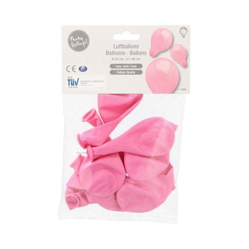 En genomskinlig förpackning av PAPSTAR GmbH innehåller 10 uppblåsta rosa ballonger (Ø 25 cm) med en vit, flerspråkig etikett som visar produktnamnet och bilder på uppblåsta ballonger – perfekt som dekoration.
