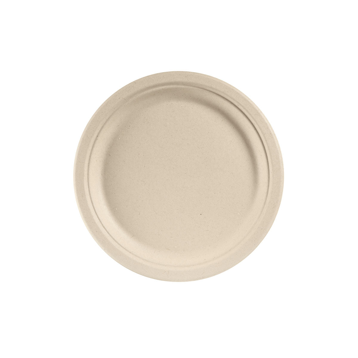 En rund, brun tallrik ø 26 cm brun av oblekt bagasse från Duni GmbH visas ovanifrån på vit bakgrund. Med lätt upphöjd kant och slät yta är det det miljövänliga valet för varje tillfälle. Förpackning à 50 stycken.