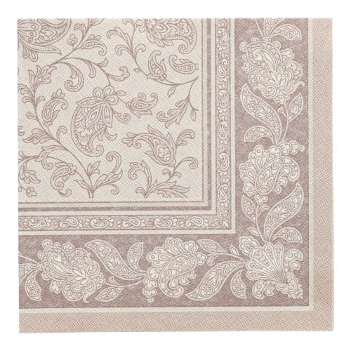 Den 40 x 40 cm stora, kvadratiska servetten från ROYAL-kollektionen från PAPSTAR GmbH i färgen "mocca" visar ett dekorerat blommigt och paisleymönster med matchande prydnadsbård. Förpackningen innehåller 50 servetter, var och en med praktisk 1/4-vikning.