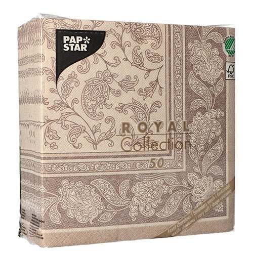 En förpackning med 50 PAPSTAR GmbH-servetter från ROYAL Collection, 40 x 40 cm, 1/4-vikt i färgen mocca, med logotyp och text i det övre vänstra och nedre högra hörnet.