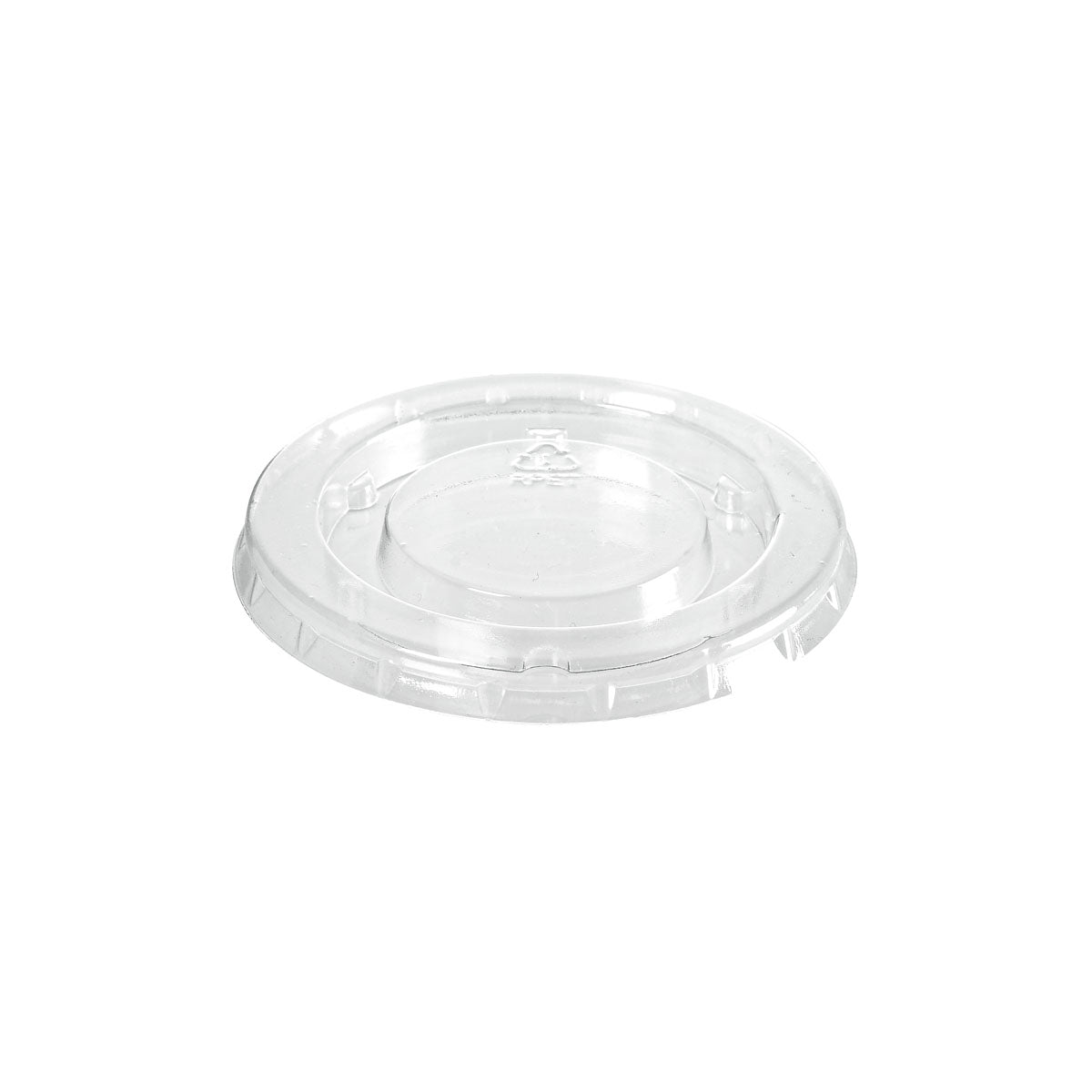 Den rPET-lockdressingbägare 30 / 60 ml från Duni GmbH är ett klart, runt, transparent lock med upphöjd mitt och präglad återvinningssymbol som understryker dess miljövänliga design. Den är avbildad på vit bakgrund. Förpackning: 150 stycken.