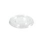 Den rPET-lockdressingbägare 30 / 60 ml från Duni GmbH är ett klart, runt, transparent lock med upphöjd mitt och präglad återvinningssymbol som understryker dess miljövänliga design. Den är avbildad på vit bakgrund. Förpackning: 150 stycken.