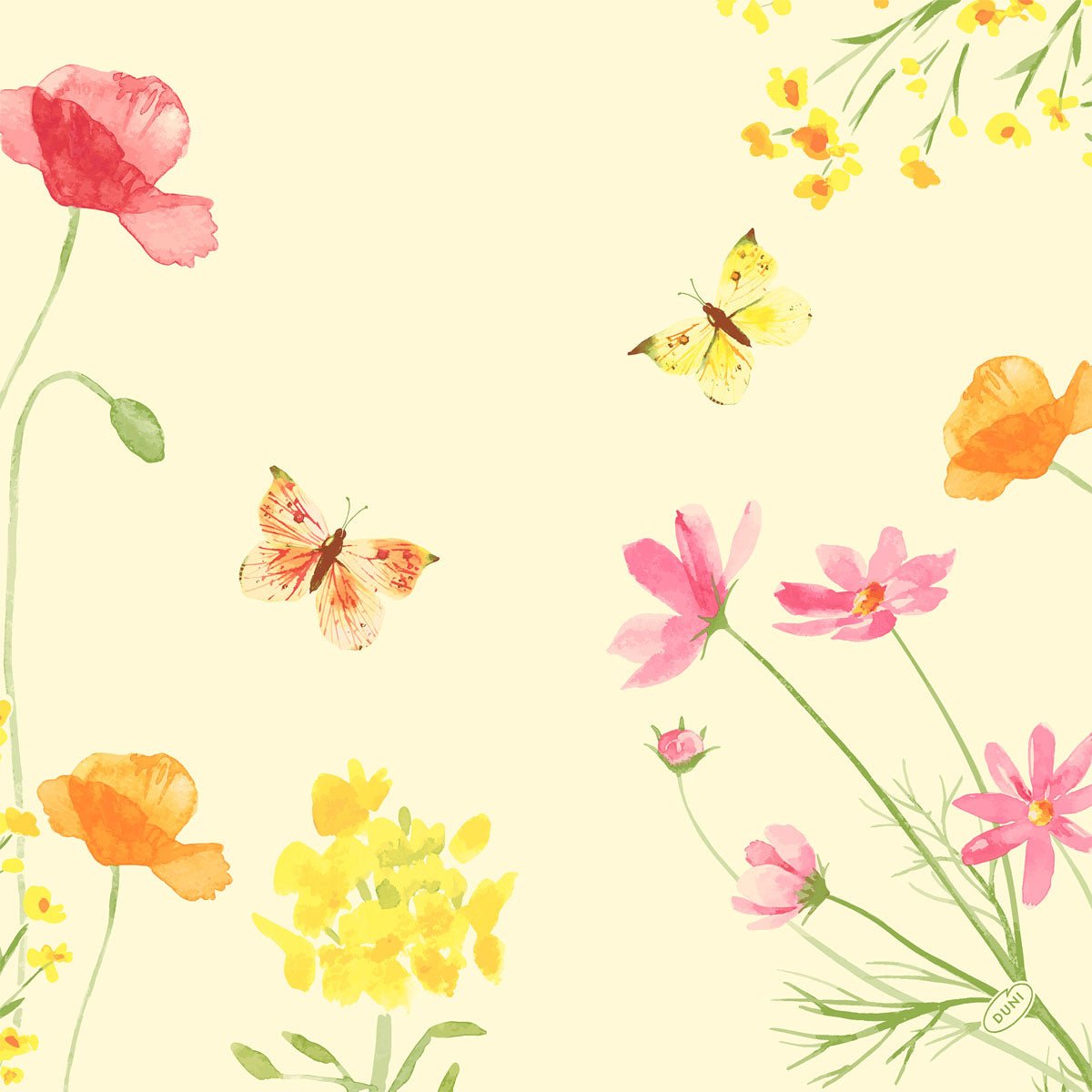 Akvarellblommor i rött, gult och orange med fjärilar på en ljusgul bakgrund. Perfekt för Dunisoft-Serv. 40x40cm från Duni GmbH - idealisk för stilfulla servetter eller servetter med en mjuk tygkänsla.