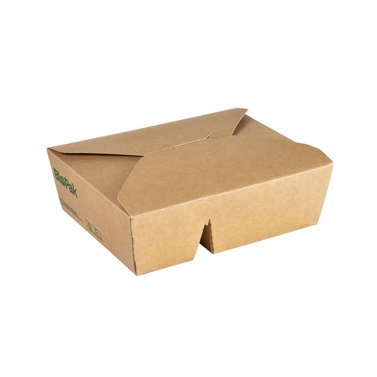 Stängd, brun kartonglåda Bio 2-Comp FSC/PLA för att ta med (400/480 ml, 170x140x50 mm) från Duni GmbH, tillverkad av biologiskt nedbrytbar kartong med vikta flikar och grönt Biopak-logotyp på sidan. Förpackning: 50 stycken.
