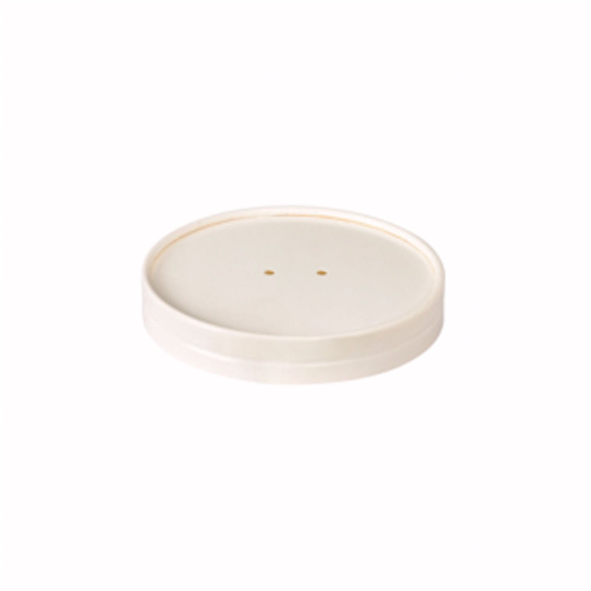 Ett runt, platt, krämfärgat Coppa-lock av kartong 250/350 ml Vitt från Duni GmbH (116x116x10 mm, 50 stycken) med två små hål nära mitten är avbildat på en enkel vit bakgrund.