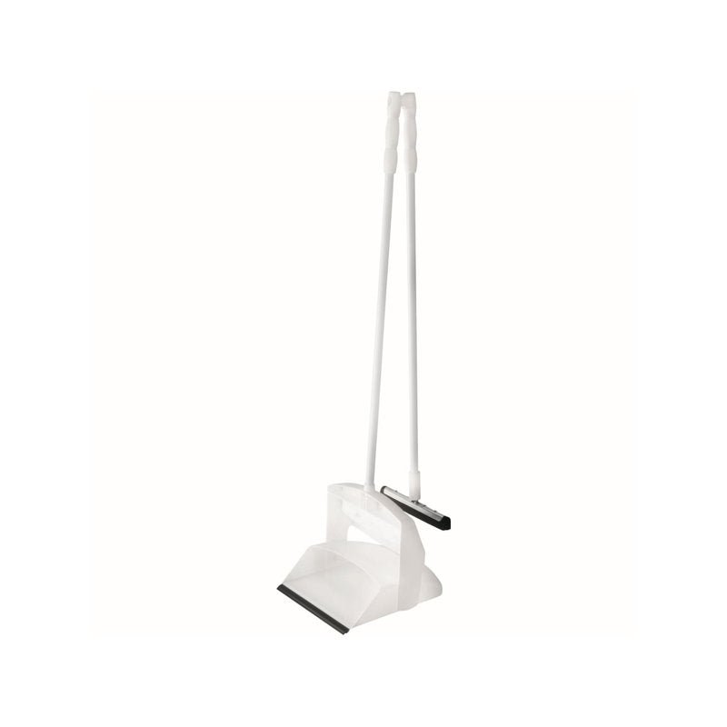 FUTURA sopset med långt skaft, gummiskrapa, höjd 1000 mm från Haug Bürsten KG har en plattkantad sopskyffel och en kvast med svarta borst för ergonomisk, bekväm rengöring i stående position.