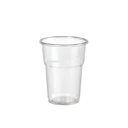 Glas, PLA, fyllstreck Transparent PLA-bägaren från Duni GmbH är en klar plastbägare med slät, glasliknande yta och lätt utställd kant, som visas tom på vit bakgrund.