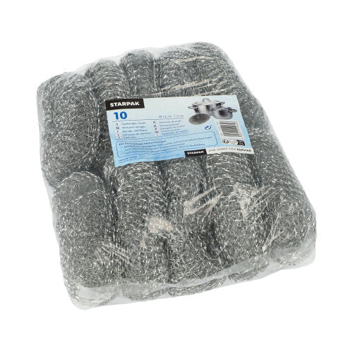 En i plast förpackad förpackning med 10 runda Starpak grytvätt-skurningskuddar av silvertråd med en blå-vit etikett med varumärket "Starpak" och produktinformation.