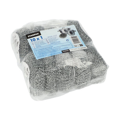 En i plast förpackad Starpak-krukrengörare (tråd rund Ø 10 cm, 3 cm, repande | nät, 1 styck) med blå text och skrubbilder, idealisk för grundlig rengöring av kokkärl med produktdetaljer på framsidan.