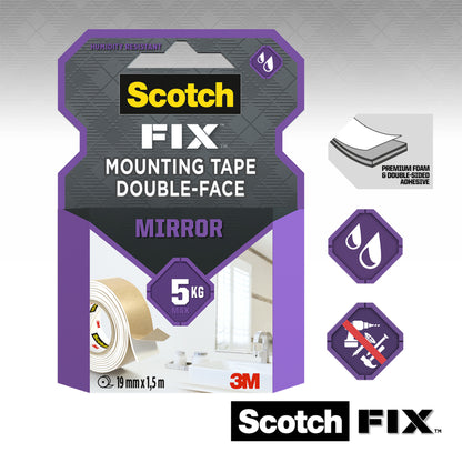 Verpackung für 3M Deutschland GmbH Scotch-FIX™ Spiegelmontageband 4496W (doppelseitig), hält bis zu 5 kg, Maße: 19 mm x 1,5 m. Mit Icons für Feuchtigkeitsresistenz und starke Haftung, Markenlogos sichtbar.