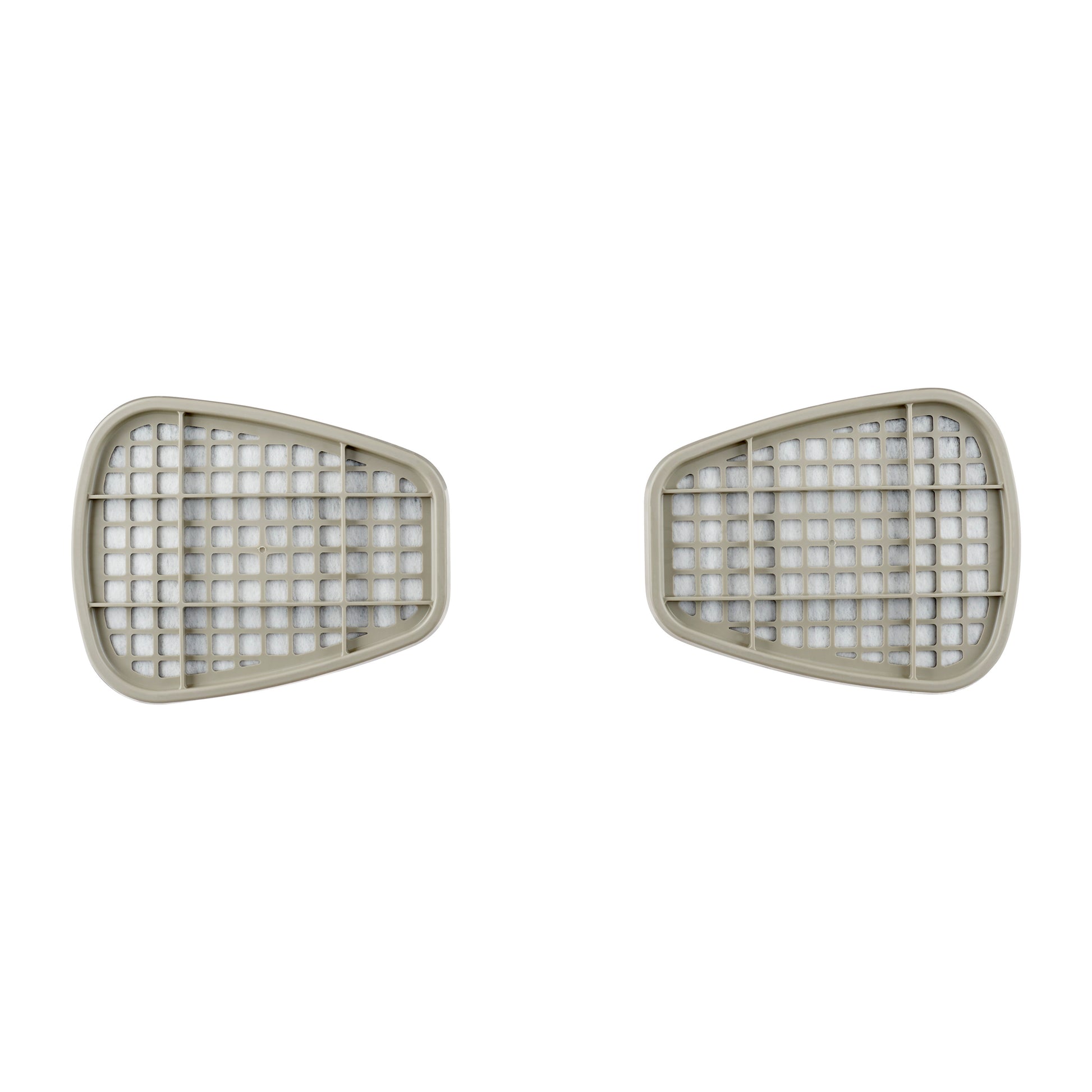 Zwei beigefarbene, gitterförmig gemusterte 3M™ Filterpatrone 6059 (ABEK1-Kombifilter) der 3M Deutschland GmbH sind nebeneinander auf weißem Grund platziert, jeweils trapezförmig mit abgerundeten Ecken und einem Gittermuster.