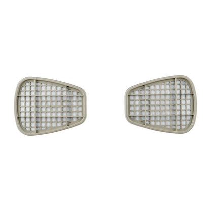 Två identiska, beige, gallerformade filteröverdrag av plast, som är kompatibla med 3M™ Filterpatron 6059 ABEK1-kombinationsfilter (1 par/förpackning) från 3M Deutschland GmbH, är placerade bredvid varandra mot en vit bakgrund.