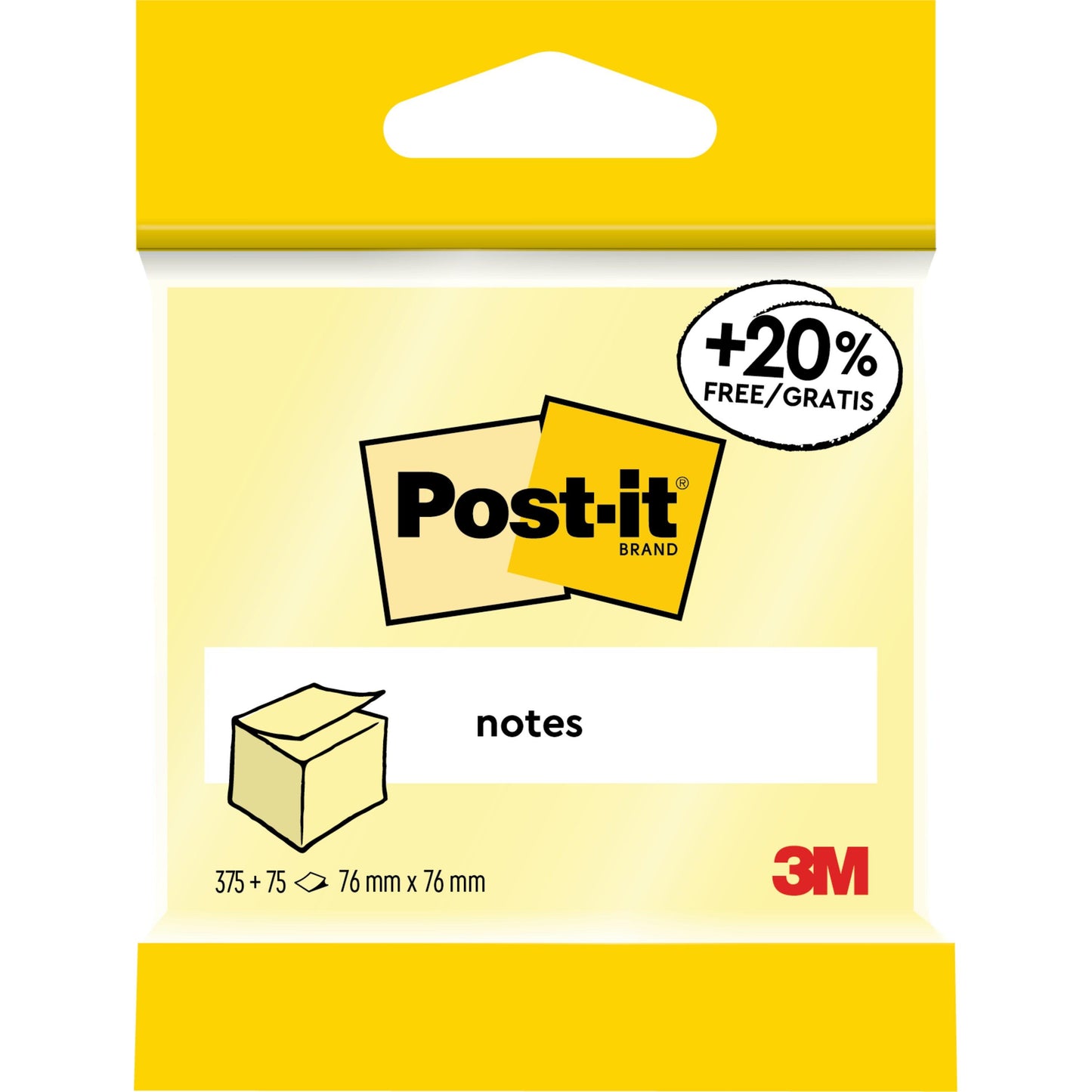 Eine Packung Post-it® Notes von 3M Deutschland GmbH, gelb, 76 mm x 76 mm, 450 Blatt/Block, 1 Block/Packung, mit "+20% free", PEFC-zertifiziert (SGSCH-PEFC-COC-110078), gelbem Header und Markenlogo.