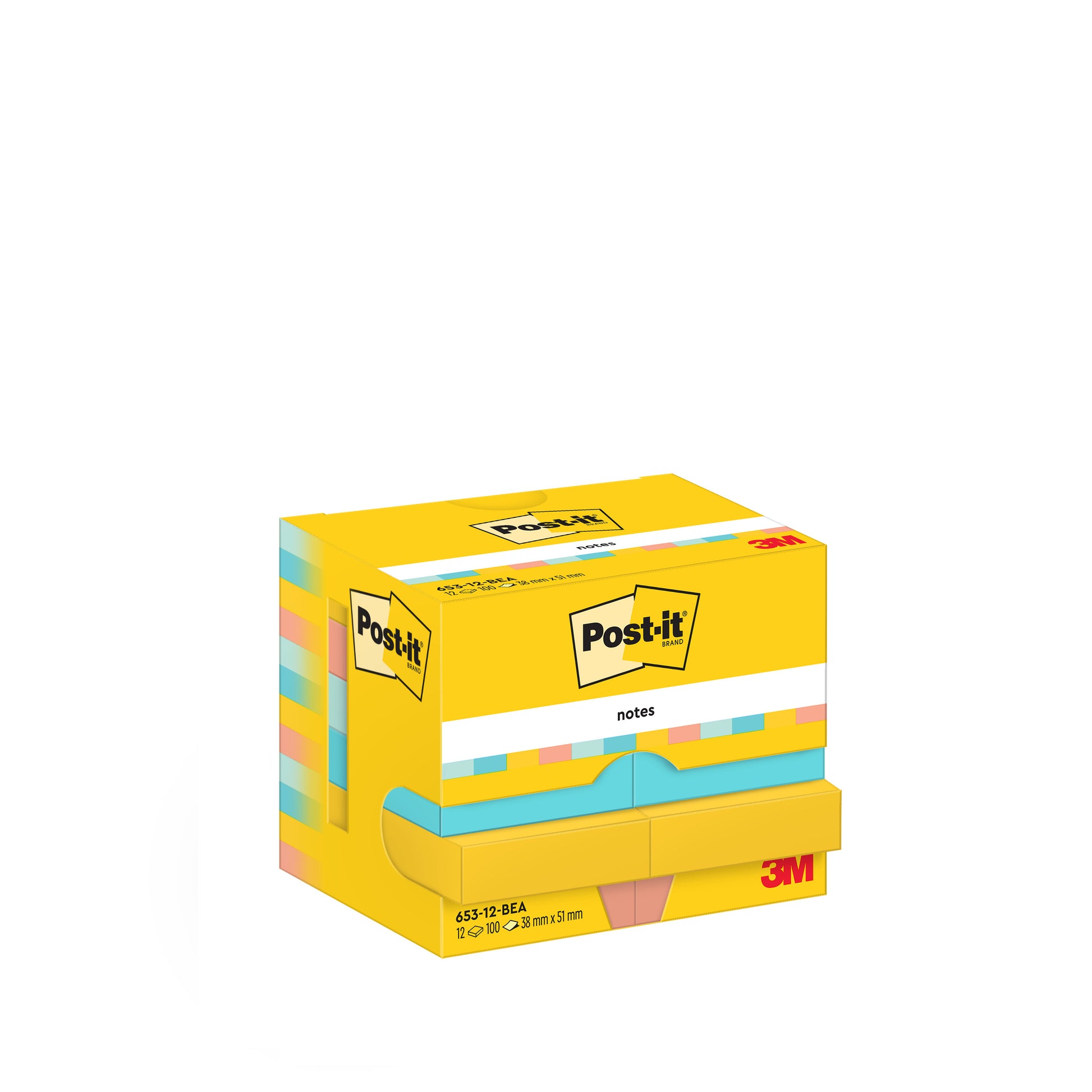 Eine gelbe Schachtel Post-it® Notes, Beachside Collection (38x51mm, 100 Blatt/Block, 12 Blöcke/Packung) von 3M Deutschland GmbH mit dem Post-it-Logo und Produktangaben auf weißem Hintergrund; Kartonverpackung, 100% PEFC-zertifiziert.