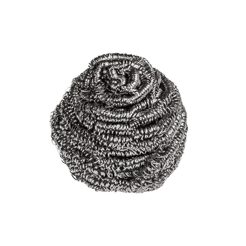 Scotch-Brite® rostfritt stålspiral från 3M Deutschland GmbH (3 stycken per förpackning) av silverfärgat rostfritt stål med vriden struktur är idealisk för köksrengöring och tar bort envisa föroreningar. Avbildad mot vit bakgrund.