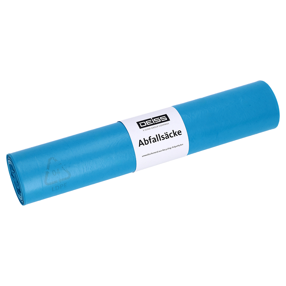 Eine Rolle EMIL DEISS KG (GmbH + Co.) Abfallsäcke, DEISS 20007 Typ 70, blau, Größe 700x1100 mm, Rolle (25 Stück), mit weißem Etikett mit der Aufschrift "Deiss" und "Abfallsäcke", auf weißem Grund.