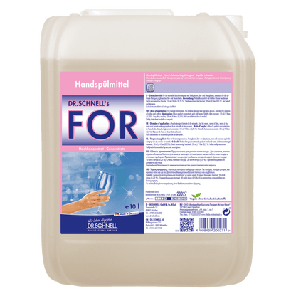 Ein 10-Liter-Kunststoffbehälter von Dr. Schnell FOR Handspülmittel der DR.SCHNELL GmbH & Co. KGaA zeigt ein rosa-blaues Etikett mit einer Hand, die ein sauberes Weinglas hält, und eine deutsche Produktinformation für das Geschirrspülen in der Gastronomie.